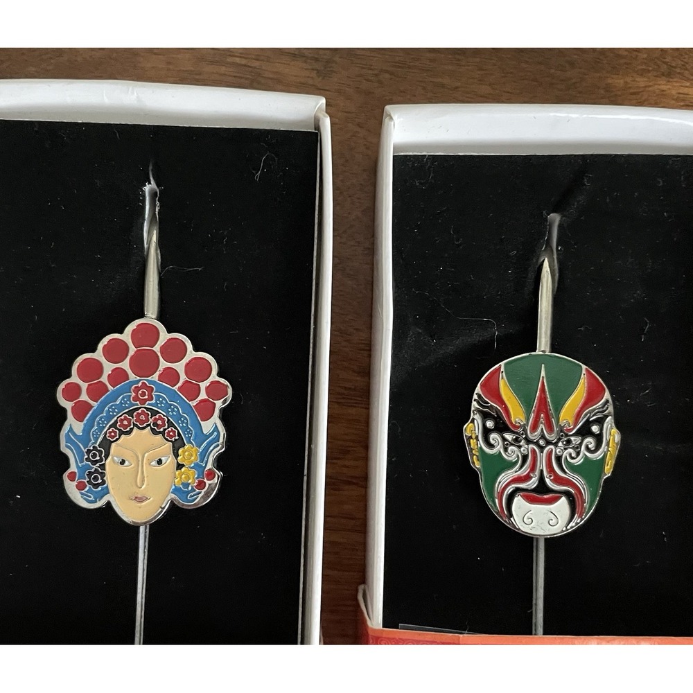 Peking Opera Bookmarks Enamel Metal Set of 2 Asian Warrior Mask in Boxes